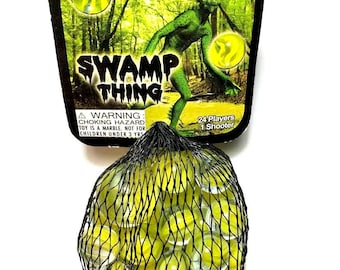 Net Bag of 25 Swamp Thing Glass Marbles 24 Players and 1 Shooter Rare Retired Yellow Cats Eye Decor Party Favors Crafts Games Yard Art