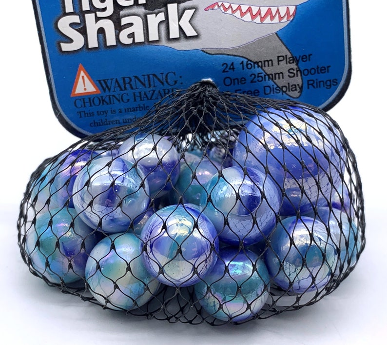 Bolsa de 25 canicas gigantes de vidrio "Tiger Shark" de Vacor, blancas con remolinos azules, acabado brillante, edición temprana anterior a 2006, decoración, recuerdos de fiesta, juegos. imagen 2