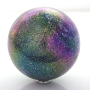 50mm Jupiter Glass Toebreaker Marble 2" Iridescent Metallic Black w Rainbow Swirls & Light Colored Specks Decorating Games Crafts Art Work