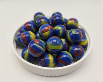 NEW FOR 2025! 16mm Molecule Marble ~5/8" Glass Players Pack of 5, 25, or 100 Blue with Red& Yellow Swirls Vacor Science Theme Molecular