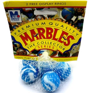 25mm &quot;Tidal Wave&quot; Collector Series Net Bag Yellow Label w 6 Vintage (1&quot;) Glass Mega Marbles by Vacor Light Blue w White Swirls 1997 - 2011