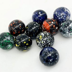16mm &quot;Galaxy&quot; Pack of 10 Player Glass Mega Marbles Black with Assorted Color Splattered Specks Early Edition Vacor 2000 - 2006 RARE!