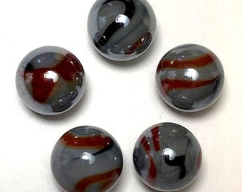 RARE! 16mm "Cacatoes" Glass Mega Marble Players (5/8th inch) Opaque Silver/Gray with Black & Reddish Brown Swirls Pk 5 RETIRED! Vacor