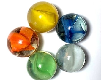 25mm Single Color Vane Cat's Eye Marbles 1" Glass Shooters Pk 5 Assorted Colors: Blue Green Orange White or Yellow or All 5 Same Color