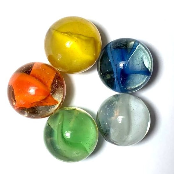 25mm Single Color Vane Cat's Eye Marbles 1" Glass Shooters Pk 5 Assorted Colors: Blue Green Orange White or Yellow or All 5 Same Color