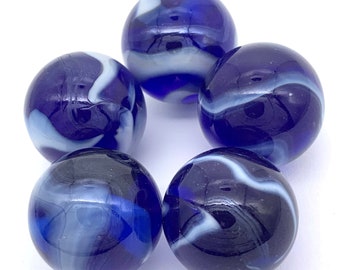 25mm Neptune 1" Mega Marbles Glass Shooters Pk 5 Transparent Dark Blue with White Swirls Vacor Decor Games Crafts Art - Quantity Discount