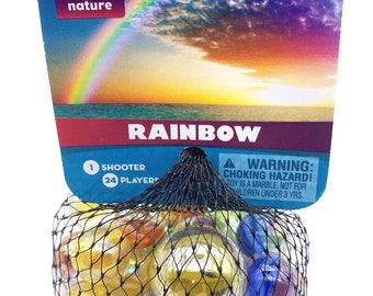 Rainbow Net Bag Glass Mega Marbles 24 Players, 1 Shooter Per Bag Iridescent Translucent Red, Blue, Orange, Yellow, Green Clear Marble Set