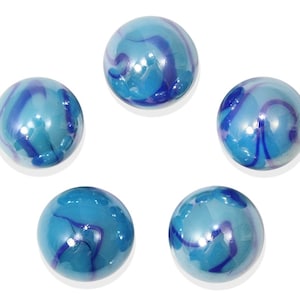 16mm Ocean (5/8th") Glass Marble Players Pack of 5 Opaque Iridescent Light Blue with Dark Blue Swirls Vacor Decor Games Party Favors