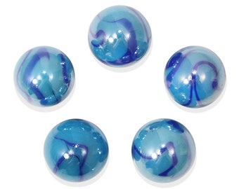 16mm Ocean (5/8th") Glass Marble Players Pack of 5 Opaque Iridescent Light Blue with Dark Blue Swirls Vacor Decor Games Party Favors