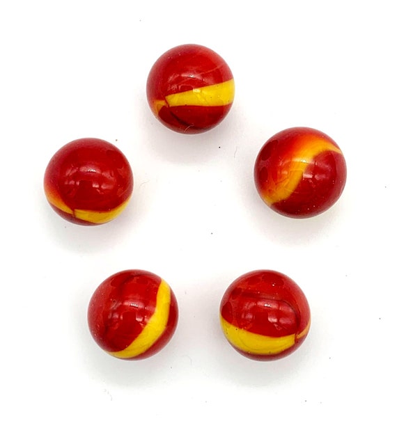 Lil Devil 22mm Glass Player Marbles Pack of 5 Bright Red with Yellow Swirls  Retired Games Décor Yard Art Crafts Party Favors