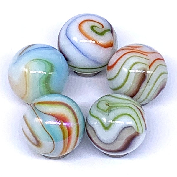 16mm "Hurricane" Glass Player Mega Marbles Choice: Pack of 5 or 10 Opaque White Base w/ Multi-Colored Swirls Vacor Mega Marbles