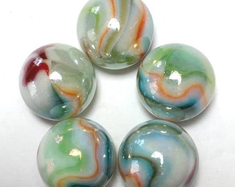 25mm Unicorn Mega Marble (1") Glass Shooters - Pack of 5 w/Stands Iridescent Opaque White w Multi Colored Swirls