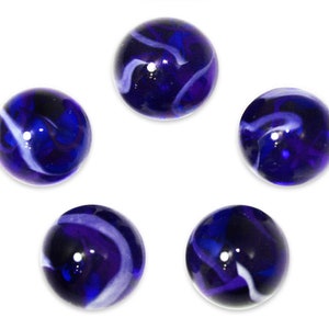 May include: Five blue glass marbles with white swirls. The marbles are arranged in a circle on a white background.