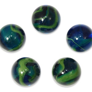 May include: Five glass marbles with swirling blue and green patterns. The marbles are arranged in a circle on a white background.