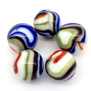 May include: Five colorful glass marbles with swirling patterns of white, blue, green, red, and black.