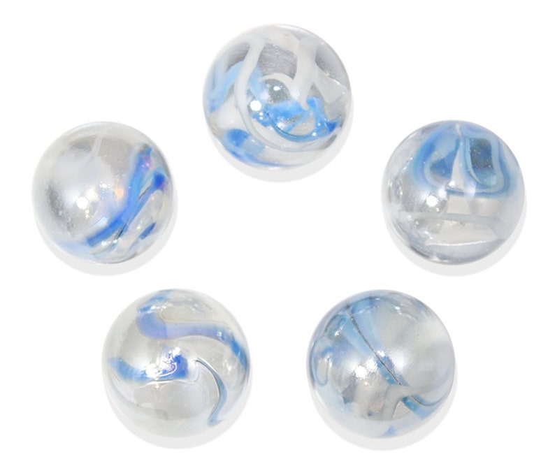 May include: Five clear glass marbles with blue and white swirling patterns.