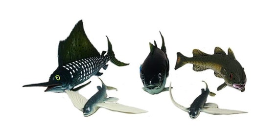5pk Salt Water Ocean Fish: Sailfish, Tuna, Salmon & 2 Baby Flying Fish  Realistic Rubber Replicas by Mamejo Nature Party Toy Collectible FUN 
