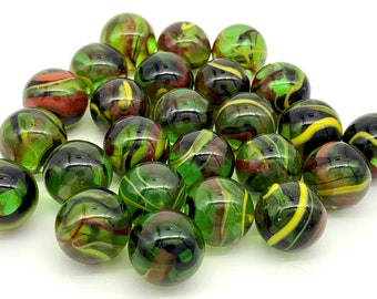 NEW for 2023! Pk of 25 T-Rex 16mm 5/8" Glass Mega Marbles Players by Vacor Transparent Red w Green & Yellow Swirls (Similar to Pterodactyl)