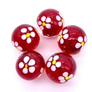 New for 2023! Red Blossom 16mm Handmade Art Glass Player Marbles 5/8&quot; Choice: Single or Pack of 5 Transparent Red w White Flowers Vacor