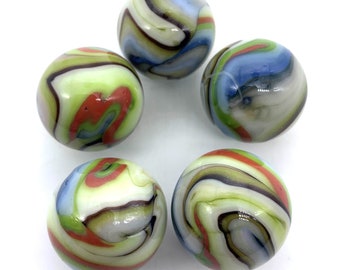 May include: Five colorful glass marbles with swirling patterns of green, blue, red, and white.