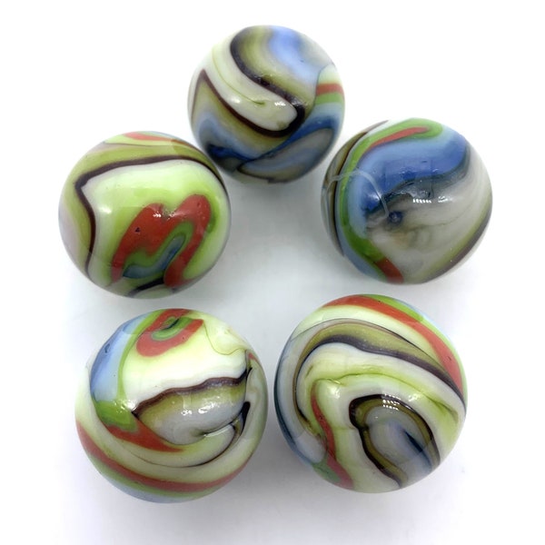 25mm "Hurricane" Glass Mega Marbles Shooters Pre 2010 Choice of Single or Pk of 5 Opaque White w Green Blue Red Brown Swirls Retired Vacor