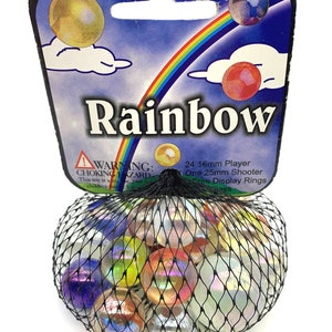 Net Bag 25 Rainbow Glass Mega Marbles 24 Players & 1 Shooter Clear w Red Blue White Orange Yellow Green Purple Patches 2004-2006 Iridescent