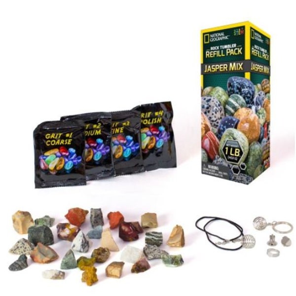 National Geographic Jasper Refill Kit for Rock Tumbler 8 Stone Varieties, Polishing Grit, Jewelry Fastenings, Instructions Kids Crafting