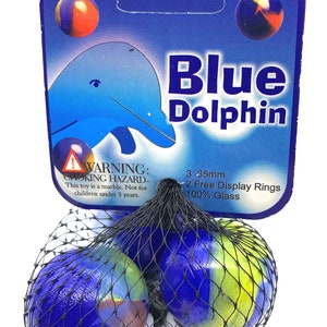 35mm "Blue Dolphin" Net Bag of 3 (1.4") Giant Glass Mega Marbles by Vacor Pre-2000 Blue with Yellow Green Red White Patches Early Edition