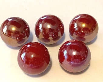 16mm Pk of 5 Lustered Opaque Ruby Glass Player Marbles Vacor Beautiful Iridescent Red Mega Marbles RETIRED!