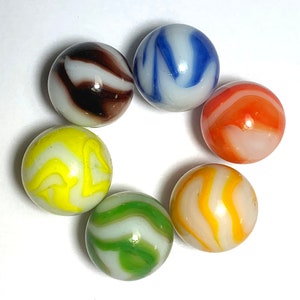 Pre-2000 &quot;Old Fashion&quot; 16mm Glass Player Marbles Choice Pk 1 or 5 / Color: White w Red Green Yellow Blue Purple/Black or Orange Swirls Vacor