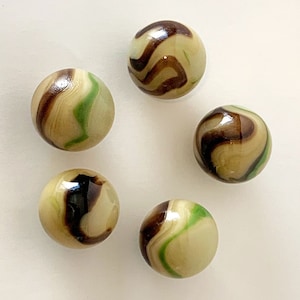 25mm Pack of 5 Sloth Glass Shooter Marbles Tan with Green and Brown Swirls