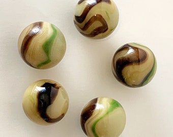 25mm Pack of 5 Sloth Glass Shooter Marbles Tan with Green and Brown Swirls