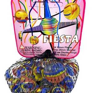 May include: A bag of 24 colorful glass marbles in a mesh bag with a pink and white card that says "FIESTA" and "24 16mm Player, One 25mm Shooter, 2 Free Display Rings, 100% Glass".