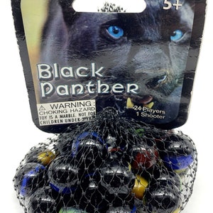 May include: A bag of 24 black marbles with colorful swirls, a black panther image on the packaging, and the text "Black Panther" and "24 Players 1 Shooter".