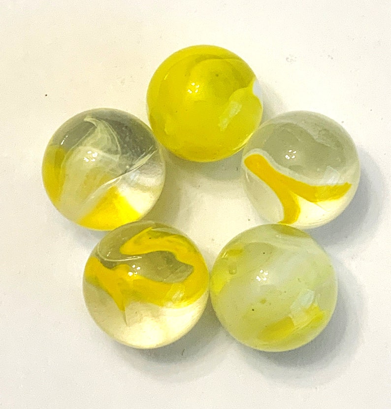 16mm Banana Swirl Early Edition Glass Player Marbles Choice of Single or Pk 5 Clear Base w Yellow & White Swirls Retired Vacor Mega Marbles image 1