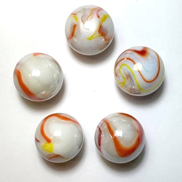16mm Cockatoo Pack of 5 (5/8th') Glass Player Marble Retired Iridized Opaque White w Orange and Yellow - RETIRED! Vacor