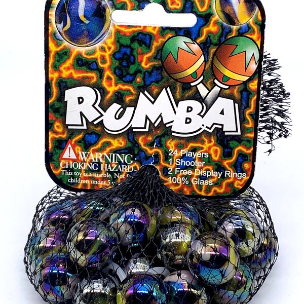 Net Bag of 25 "Rumba" Glass Mega Marbles by Vacor 24 Players 1 Shooter Metallic Base w White & Yellow Swirls  2002-2008 Iridescent Retired!