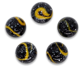 16mm King Penguin (Canadian Version) Glass Player Marbles Pack of 5 Black Base with Yellow Swirls Vacor Decorating Games Crafts Art Work