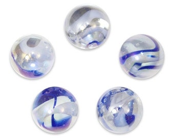 May include: Five iridescent glass marbles with blue and white swirls. The marbles are round and smooth.