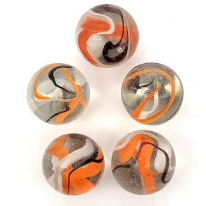 25mm "Halloween" Glass Mega Marbles Shooters (1 inch) Pack of 5 Translucent Base w Black Orange & White Swirls Vacor 2002-2004 RETIRED