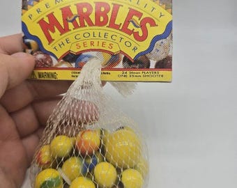Marble Net Bag "Yellow Jacket" Collector Series Vintage Glass Mega Marbles by Vacor Yellow Label Opaque Yellow w Black Blue Orange Green 2