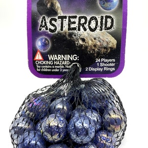 Net Bag of 25 &quot;Asteroid&quot; Early Edition Glass Mega Marbles Iridescent Slate Blue w Frit Made by Vacor 2006 - 2009 RETIRED! RARE!