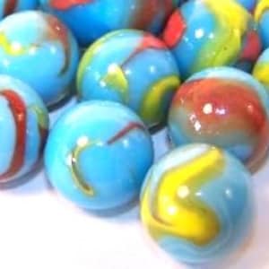 Bulk Pk 50 or 100 Serpent 14mm Board Game Player Glass Marbles (9/16&quot;) Baby Blue w/ Red & Yellow Swirls Chinese Checkers Vacor Discontinued!