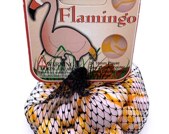 Net Bag of 25 "Flamingo" Glass Mega Marbles by Vacor 24 Players and 1 Shooter Retired 2005-2011 Extremely Pale Pink w Orange & Yellow Swirls