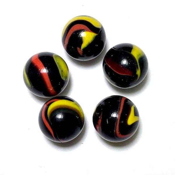 Twister 16mm Glass "Early Edition" Player Marbles - Pk of 5 Shiny Black Base w Yellow & Orange-Red  Swirls - Pre-2000 Retired! RARE! Vacor