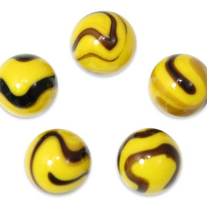 25mm (1 Inch)  "Bumblebee" Marble Shooters - Pack of 5 w/Stands Yellow with Black/Brown Swirls