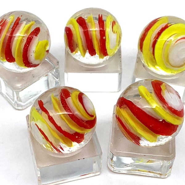 20mm Hot Dog Shooter Art Glass Marbles Single or Pk 5 (3/4") Clear w White Core Wrapped in Red & Yellow Swirls Discontinued Games Crafts Art