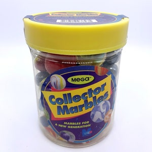 Collector Mega Marbles 22oz Container from 2000 Vacor Mix of Many Rare Shooters,Players and Boulder, Storage Bag, Booklet New Generation