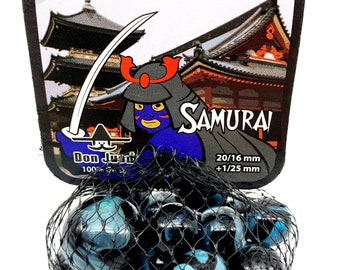 Net Bag of 21 "Samurai" Glass Marbles from Netherlands 20 Players 16mm & 1 Shooter 25mm Opaque Black w Turquoise Blue Swirls Vacor Don Juan