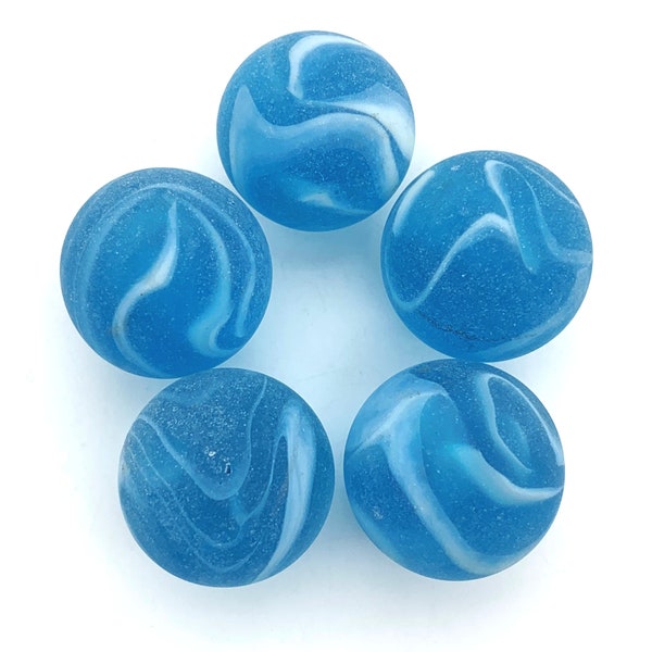 New for 2021! "Arctic II"  25mm Mega Marbles Shooters Pack of 5 Frosted Matte Translucent Blue Base with White Swirls (1 inch)